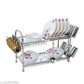 Stainless steel 2-shelf kitchen organizer, ideal for plates and cutlery. Measures 15 x 21 inches